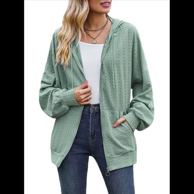 Sudadera con Capucha y Cremallera para Mujer, de Larga, Informal, de Gran Tamaño, con Bolsillos. Verde Oscuro XXL