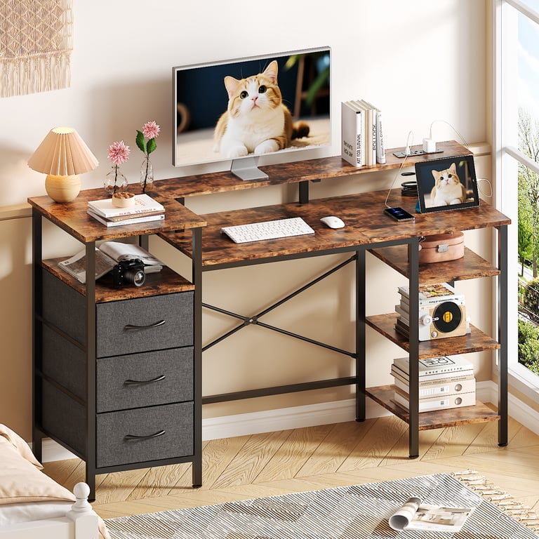Ktaxon, L-Shape Computer Desk with Charging Station, 47 Inch Brown