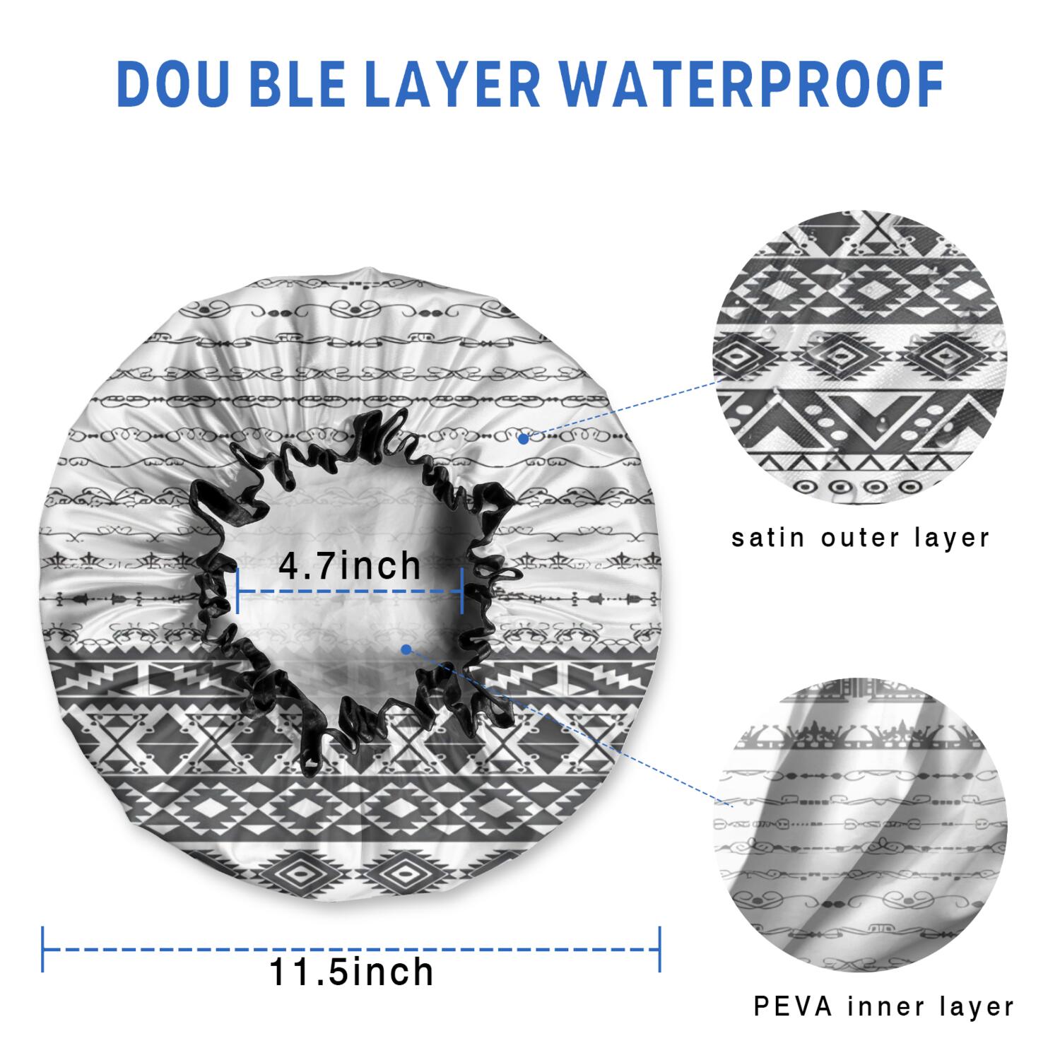 Shower Caps,Black Geometric Diamond Striped Pattern Waterproof Shower Cap for Women 4 Pieces,Double Reusable Hair Cover for Shower PEVA Elastic Stretch Hem