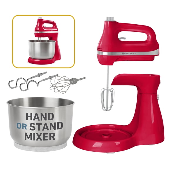 West Bend Two Sweet 2-in-1 Mixer, 4.4 Qt Capacity, Hands-Free Stand or Hand Mixer, 11 Speeds, Stainless Steel Bowl, in Red (SMWB2N1RD3)
