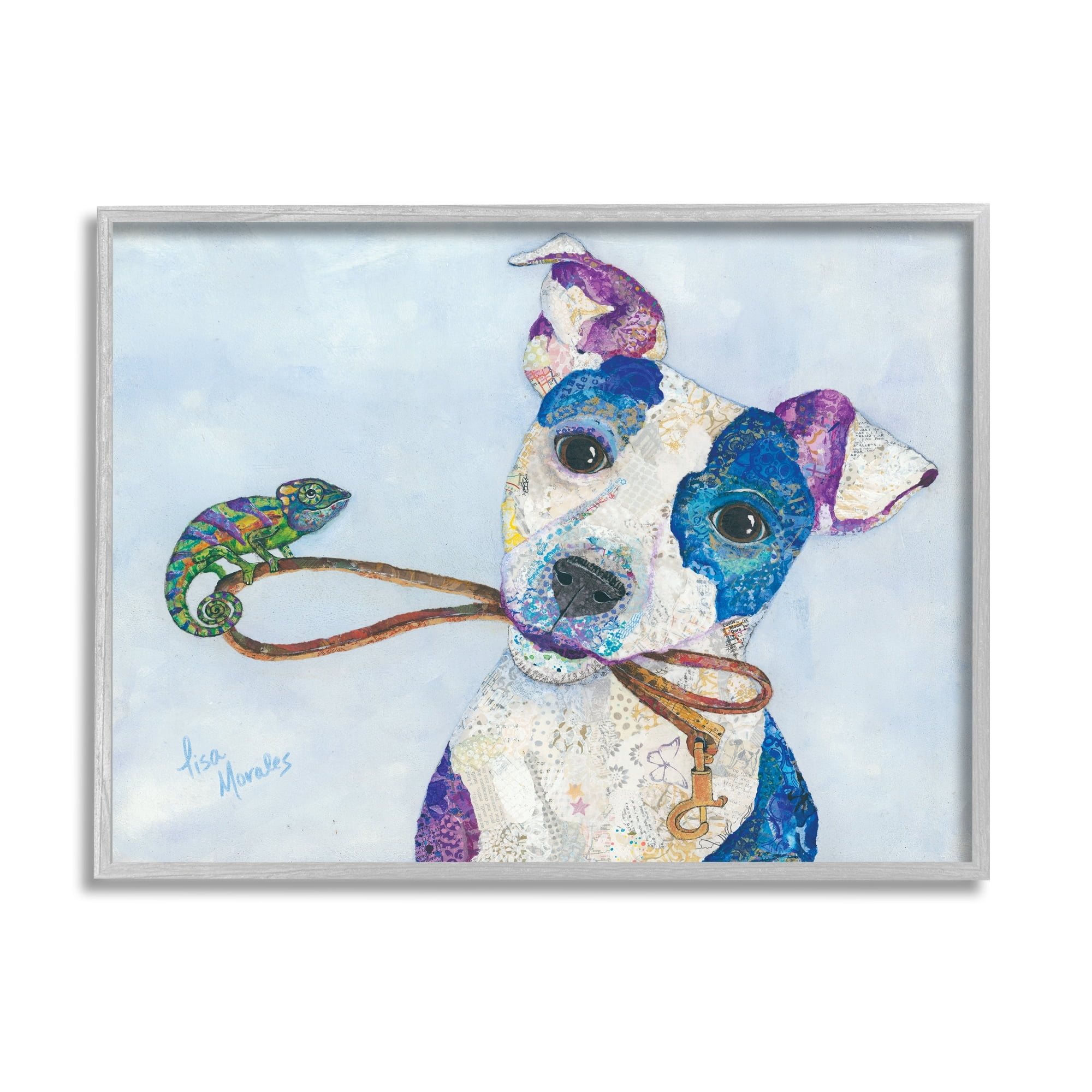 Stupell Industries Jack & Chameleon Smiling Dog Portrait Collage Painting Gray Framed Art Print Wall Art, Design by Lisa Morales