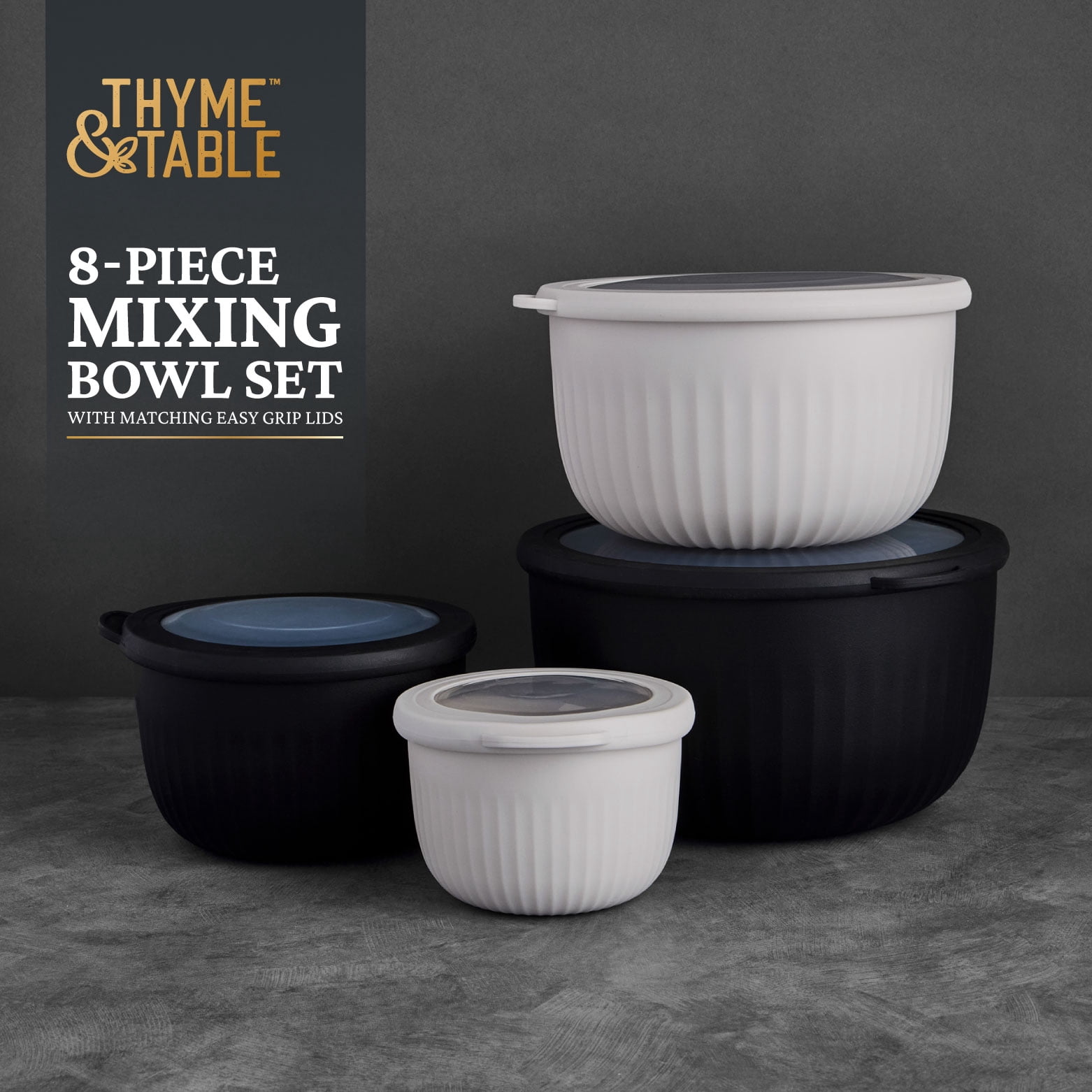 Thyme & Table 8-Piece Nesting Mixing Bowl Set, Black and Cream