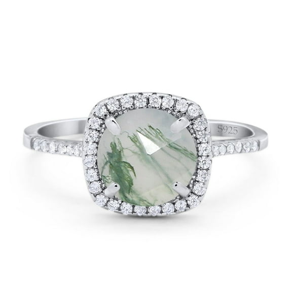 Halo Art Deco Natural Green Moss Agate Round Wedding Ring 925 Sterling Silver Size 5