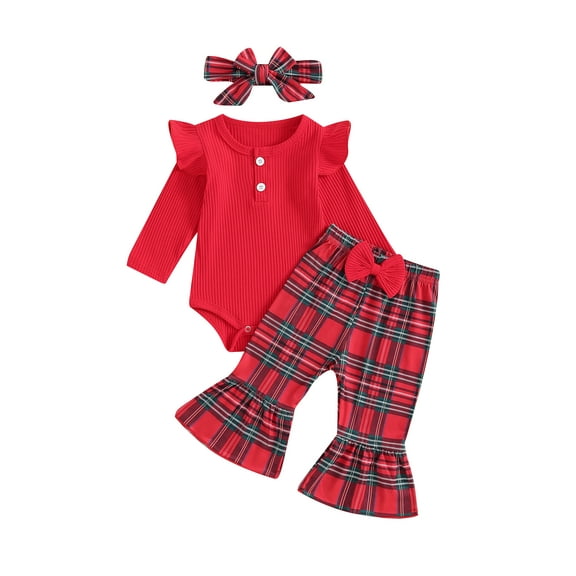 Bagilaanoe 3pcs Baby Girl Christmas Clothes Newborn Long Sleeve Ribbed Romper Tops   Plaid Flare Trousers   Headband 3M 6M 9M 12M 18M Infant Fall Pants Set