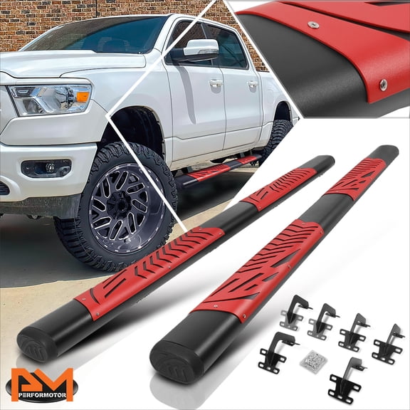PM PERFORMOTOR for 19-24 Ram 1500 Crew Cab 5" Black Oval Nerf Bar Running Boards w/Red Step Pad