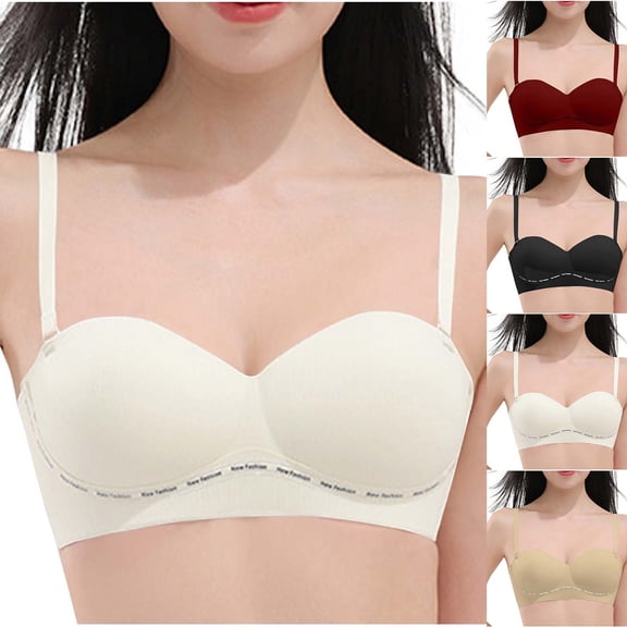 QIUOMBBP Detachable Strap Bras for Women Seamless Wirefree Non Slip Tube Top Comfy Padded Strapless Bandeau Bra Beige 34