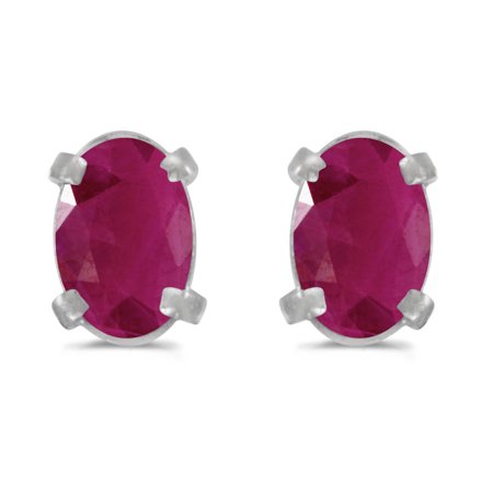 - 14k White Gold Oval Ruby Earrings