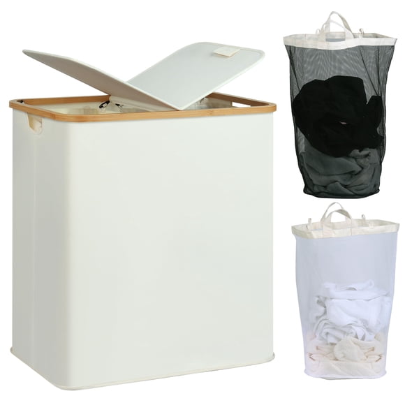Cesto de ropa efluky con tapa, doble 140 L, color beige