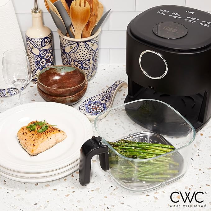 COOK WITH COLOR Air Fryer, 4Qt Glass Air Fryer, 1200W, 6 Presets, Black