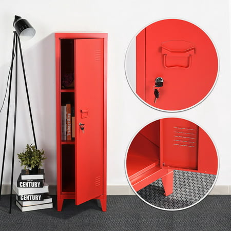 HOMYCASA 3-Tier Metal Storage Locker Office Filing Cabinet With Lock&Key Red Accent Storage (Best File Locker For Android)