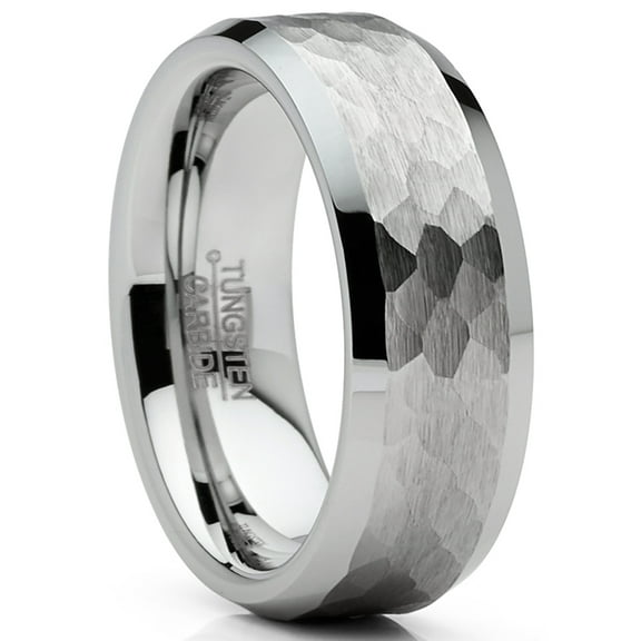 Metal Masters Mens Tungsten Ring Hammered Wedding Band Silvertone Comfort-fit 8mm