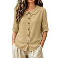 thumbnail image 5 of VBVC Women's Cotton Linen Button Down Shirt , Ladies' Peter Pan Collar Short Sleeve Blouse , Casual Summer Work Tops For Women, S-2XL, 5 of 7