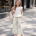thumbnail image 6 of COEQINE Girls' Ruffle Pants Wide Leg Trousers Elastic Waistband Straight Trousers Stretchy Dance Pants Fall Outfits Playwear for 11-12 Y Kids, Blue Beige Floral, 6 of 8
