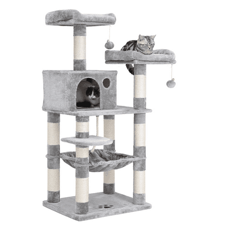 Ground Hammock Post Cat Tree Tower, Multi-Level Cat Climbing Tower with Sisal-Covered Scratching Posts, Plush Perches, Hammock and Condo, Cat Tower Furniture - for Kittens, Cats and Pets, Gray ()