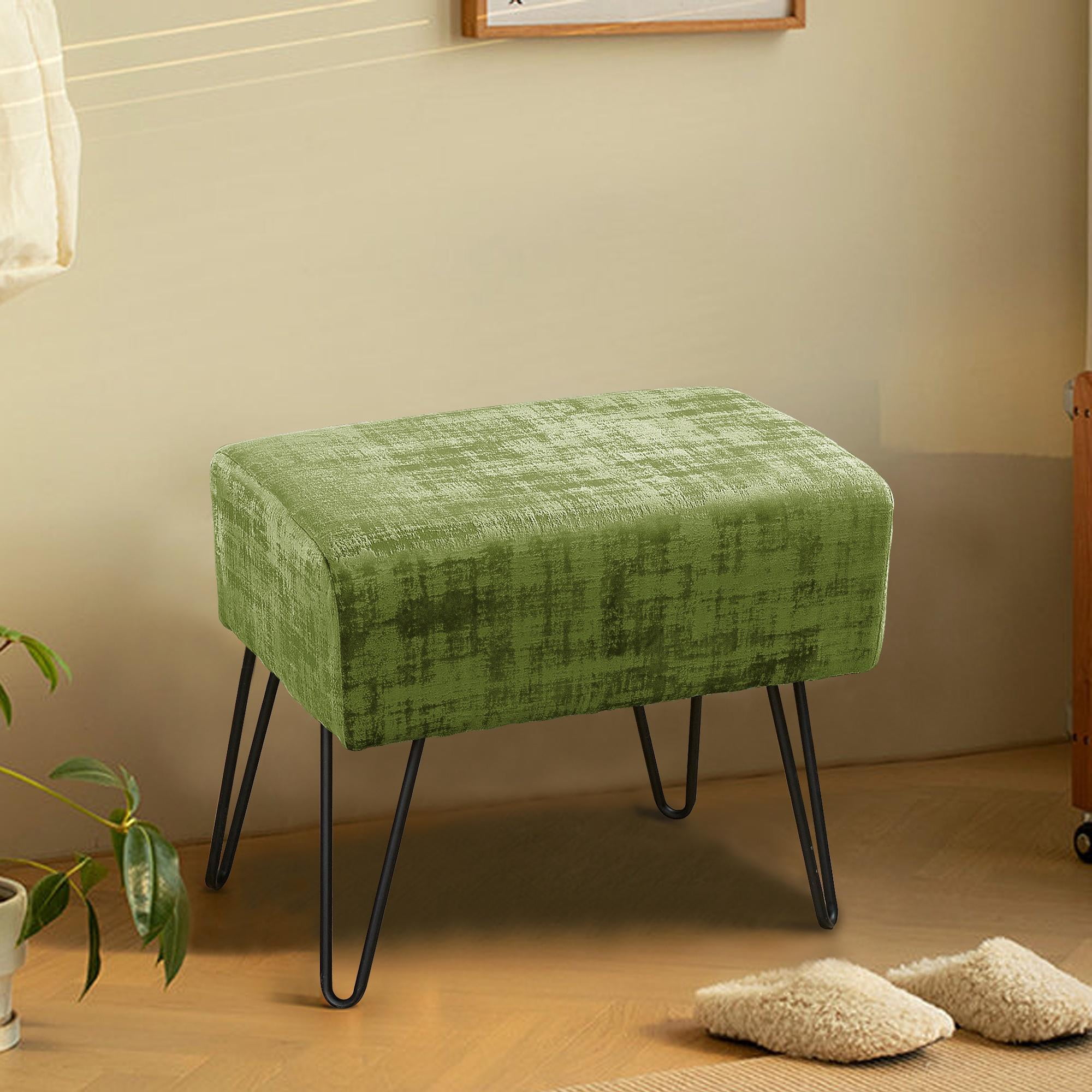 Home Soft Things Textured Velvet Ottoman Stool Chair, Upholstered Footrest with Black Metal Legs, Calla Green, 19" x 13" x 17"