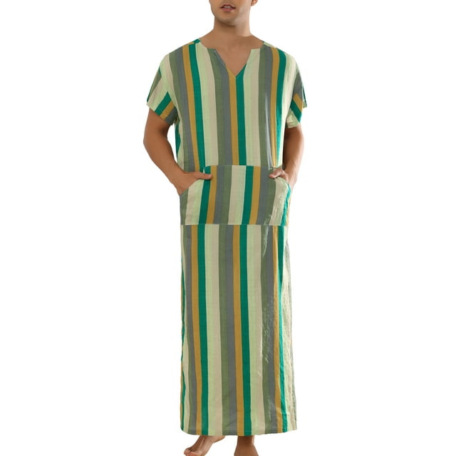 Camisa de dormir a rayas INSPIRE CHIC para hombres, con cuello en V, mangas cortas, bata de noche en bloque de color, verde caqui, 2XL