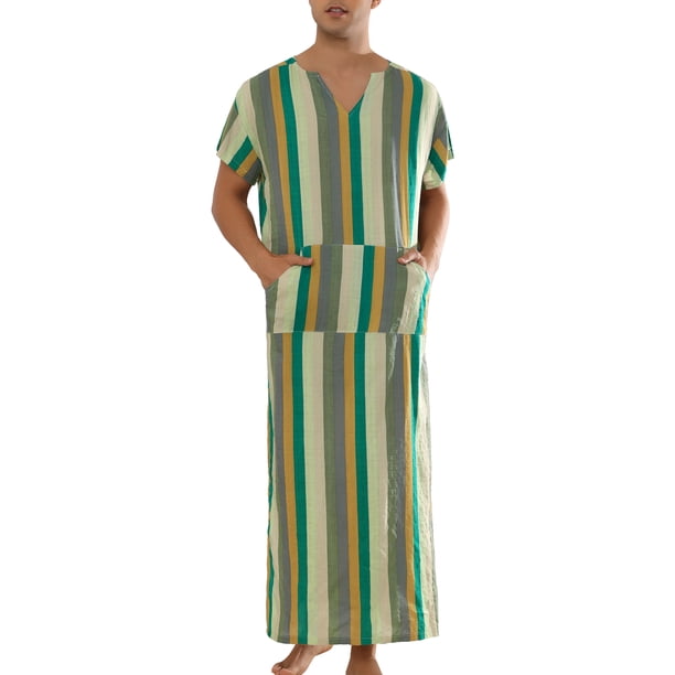 Camisa de dormir a rayas INSPIRE CHIC para hombre, con cuello en V, mangas cortas, bata de noche en color bloque, verde caqui, talla M