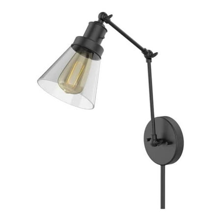 Hampton Bay 1-Light Black Plug-in or Hardwired Swing Arm Wall Lamp with 6 Ft. Fabric Cord and Glass Shade