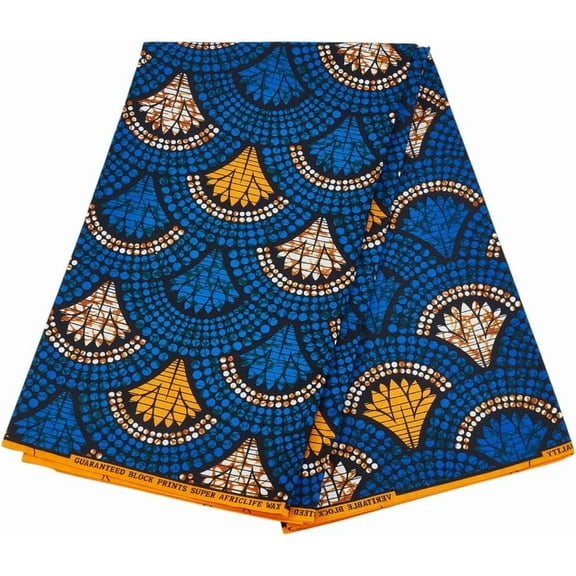 6.4 Yards Blue Polyester African Fabric 44.8 Inch African Ankara Print Fabrics Fan Pattern African Wax Prints Fabric