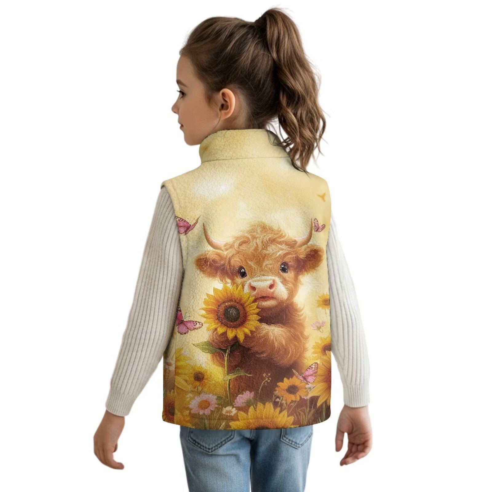 Uorisanigo Toddler Girls Boys Winter Fleece Vest Baby Highland Cow Sunflower Puffy Sleeveless Jacket with Pockets, Lightweight Full Zipper Outerwear Waistcoat for Fall Winter Layering
