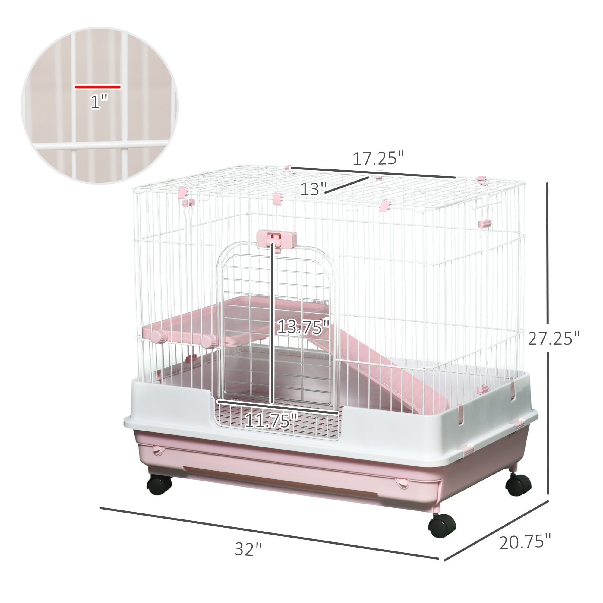 Pink 2-Level Small Animal Cage with Wheels, Rabbit Hutch for Bunny & Chinchillas, 32"L x 20.8"W x 26"H