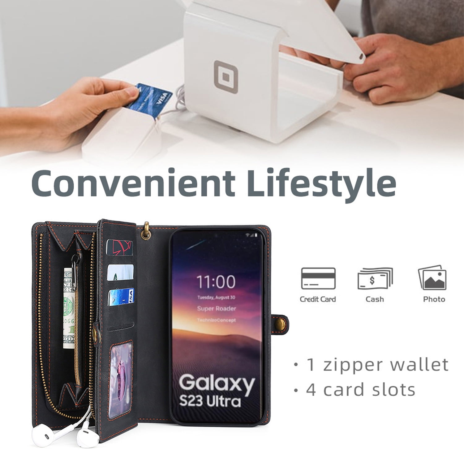 Detachable Wallet Case for iPhone 7 / iPhone 8 / iPhone SE 2022 & 2020, 2-in-1 Zipper Wallet with Credit Card Holder, PU Leather Wrist Strap Flip Stand Shockproof Magnetic Purse Phone Cover, Black