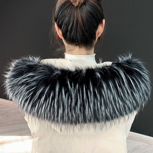 Chaqueta de plumón con cuello de piel sintética de zorro y piel sintética de mapache, sombrero, tira de piel sintética, abrigo de piel sintética, cuello de piel para mujer, invierno