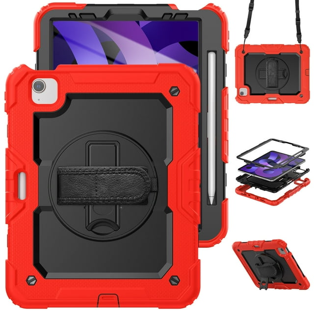 Case for iPad Air 5th Generation / iPad Air 4th Generation 10.9 inch with Screen Protector, 360 Degree Rotating Kickstand Hand Strap Shockproof Cover with Shoulder Strap, Red