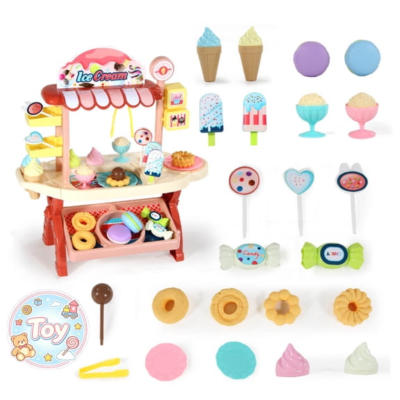 42pcs Pretend Ice Cream Shop Play Toys, Simulated Dessert Cart Stall Set with Lollipops, Donuts, Candies, Sweet Treat, Christmas Birthday Gifts, Toys for Toddler Baby Kids Boys Girls, Age 3