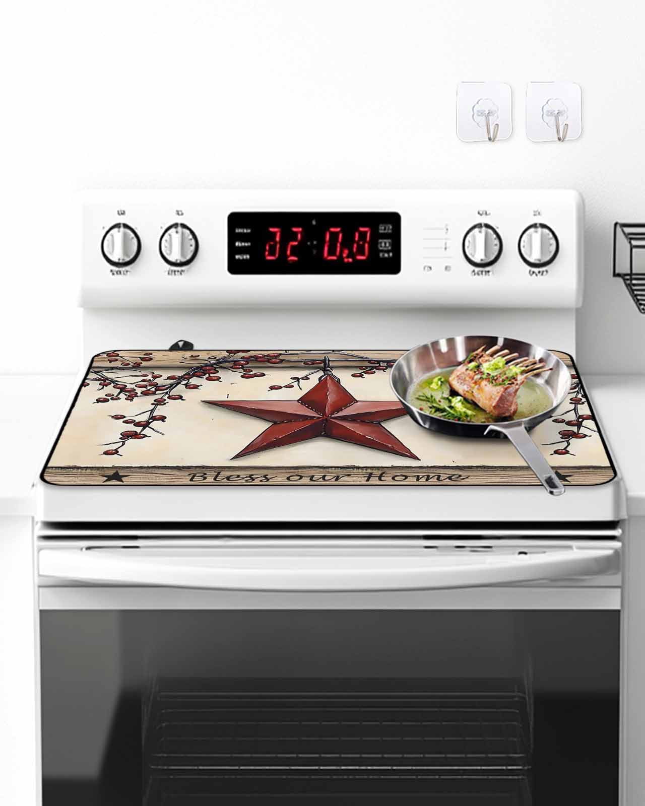 Stove Top Covers for Electric Stove, Red Texas Star Rustic Glass Stovetop Cover Protector, Country Star Berries Wooden Induction Cooktop Protector Oven Mat for Kitchen Countertop 24"x21"