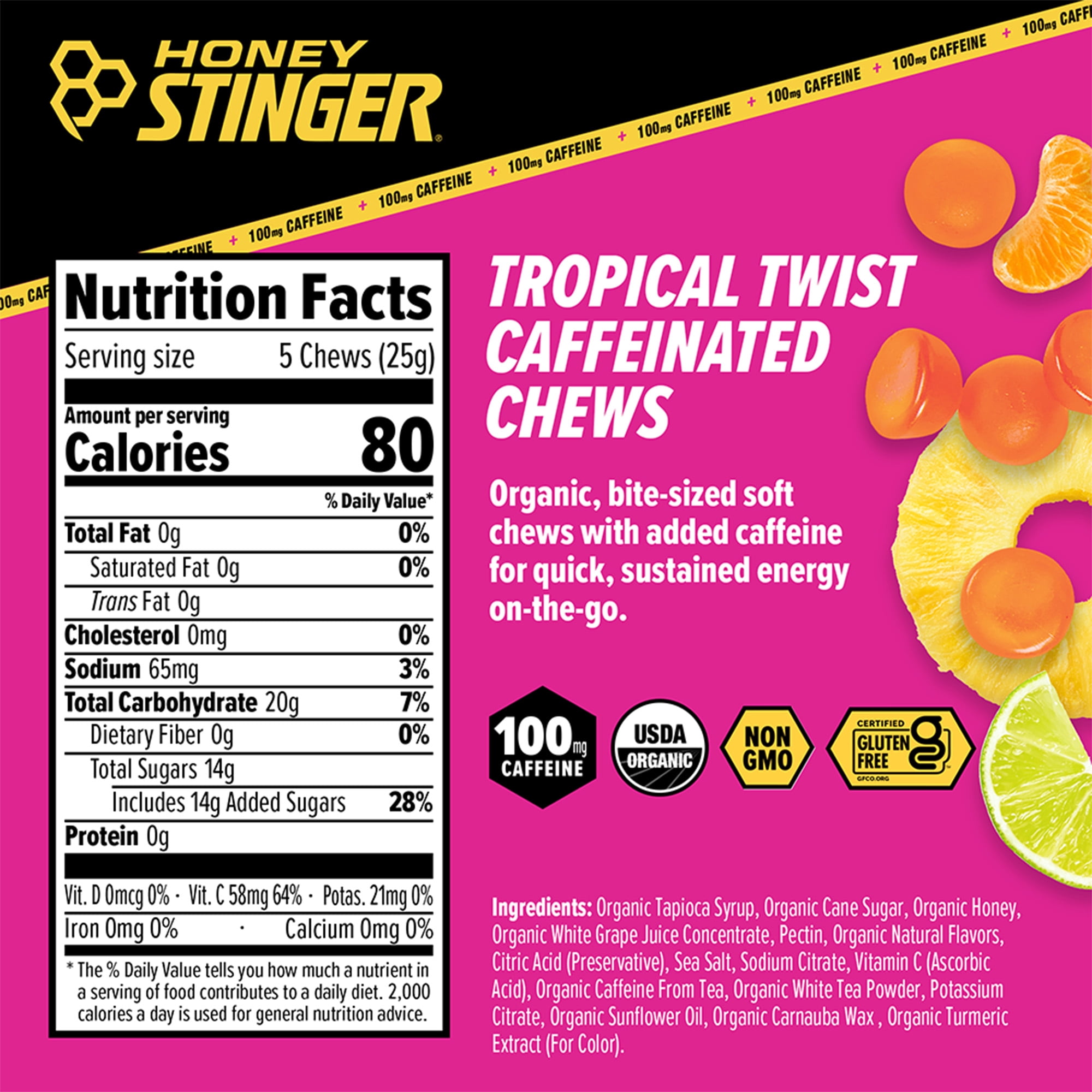 Honey Stinger Organic High Caffeinated Energy Chews, Tropical Twist, 12 Count