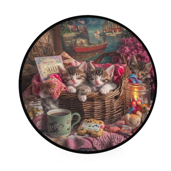 BZSMCE Round Decorative Floor Mat Kittens in A Cozy Basket Pattern 36.2IN