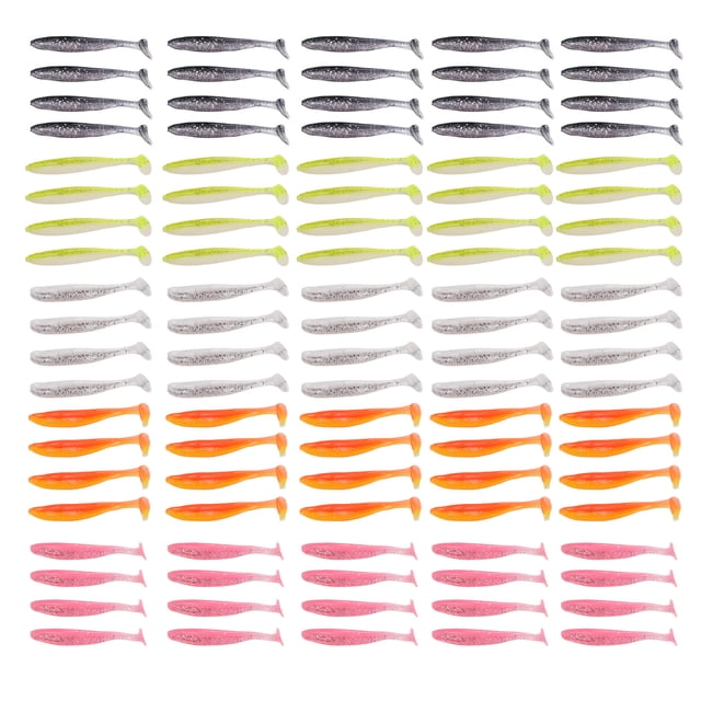 100 señuelos de pesca blandos con cola de paleta realista, fluorescentes y reflectantes, de goma, para pescadores.