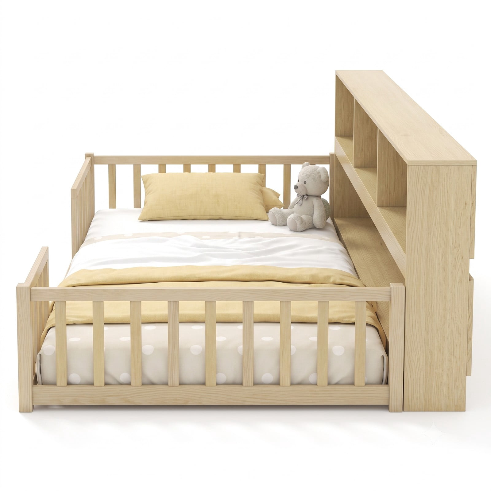 Furnibear Full Size Montessori Floor Bed Frame with Bookcase Headboard and Full Length House Rails for Kids Room, Natural