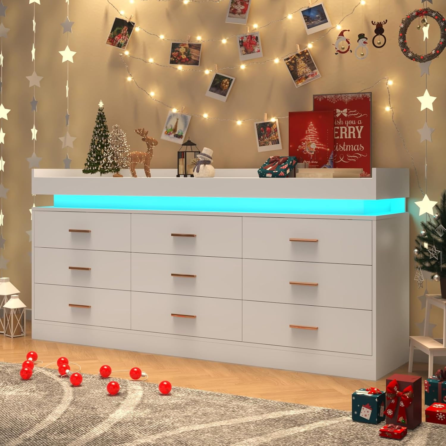 ChVans White Dresser with LED Light and Charging Station, Modern Wood Dresser with Wide Drawers and Metal Handles, 9 drawer dresser for Bedroom, Living Room, Entryway, Hallway