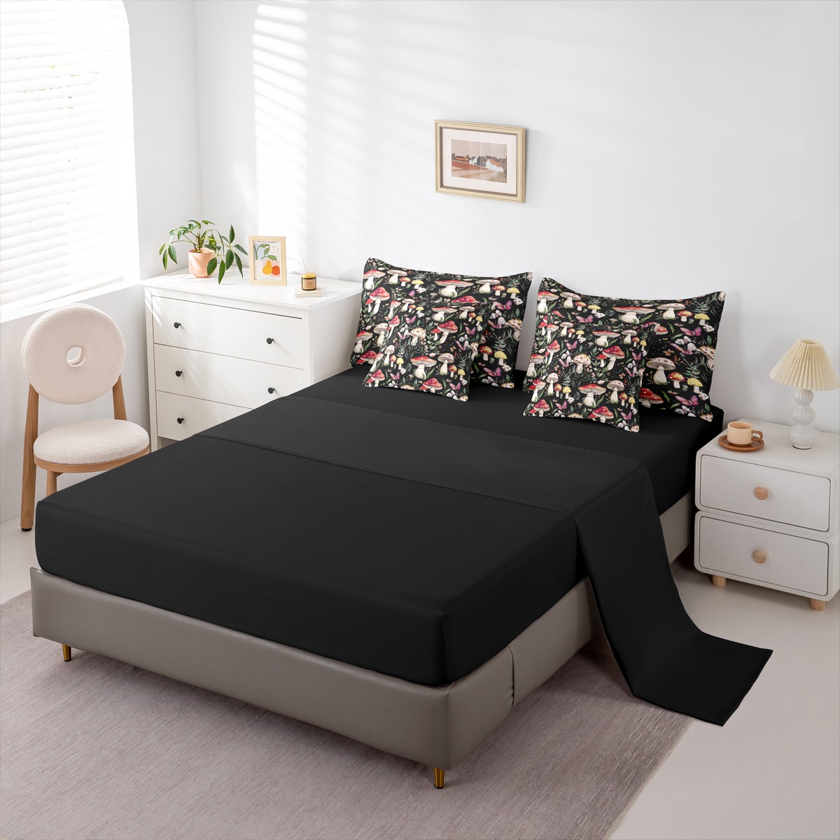 Homewish Kawaii Pink Butterfly 7-Piece King Bedding Set Red Mushroom Rustic Floral Breathable Reversible Decor For Teens