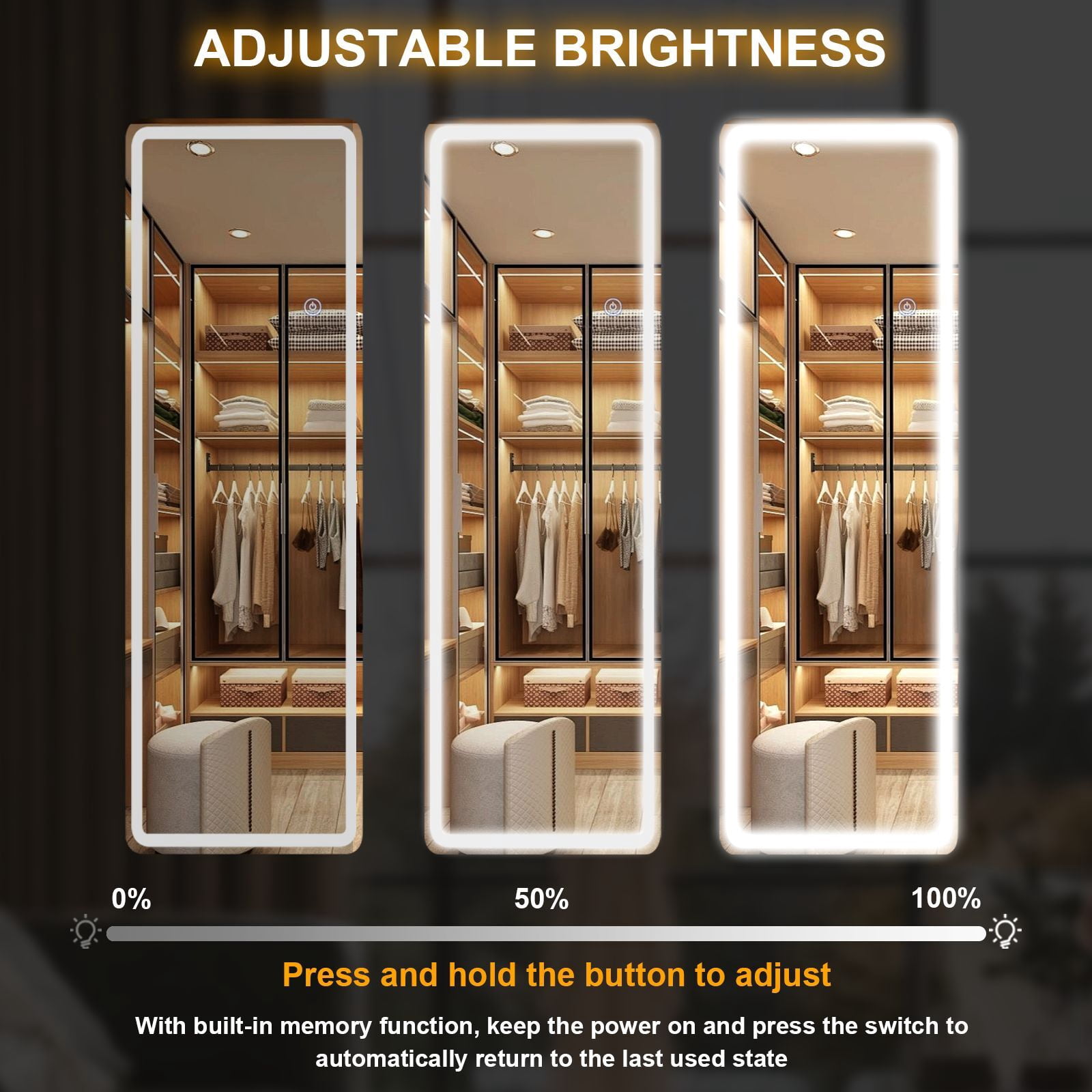 Easy4Home 60" x 16" LED Rectangular Full Length Mirror with Adjustable Lights Standing Mirror Wall Mounted, White
