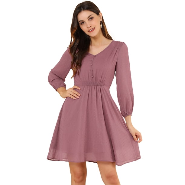 Vestido De Gasa Fluido Sólido Con Cintura Elástica Con Cuello En V Y Manga 3/4 Para Mujer Rosa empolvado S