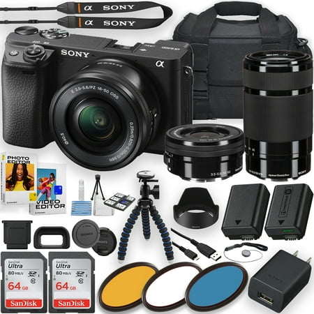 Sony a6400 Mirrorless Camera with Sony E PZ 16-50mm OSS Lens & Sony E 55-210mm OSS Lens + 2pc 64GB Memory Cards + Photo And Video Editor + Filters + Tripod + Case & More