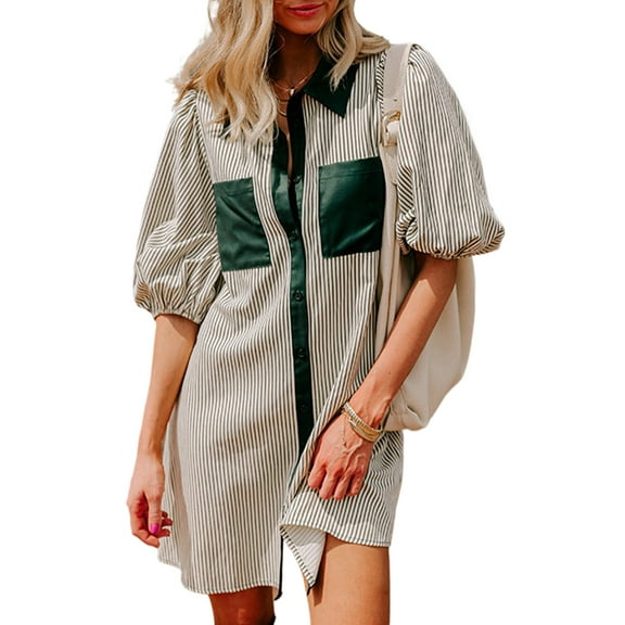 Women's Green Striped Mini Dress with Button Down and Puff Sleeves - [ZhiHiMeRi] | (US 12-14)L