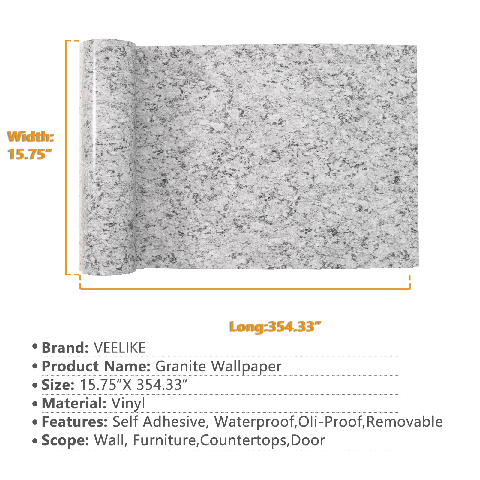 VEELIKE 15.7''x354'' Peel and Stick Countertop Contact Paper Removable Waterproof Grey Granite Wallpaper Vinyl Self Adhesive Wallpaper Decorative for Kitchen Counter Top Bathroom Counters