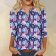 thumbnail image 2 of nuevo cuello de botón para mujer estampado de moda mangas 3/4 camiseta con estampado retro top delgado tops casuales púrpura / s, 2 of 5
