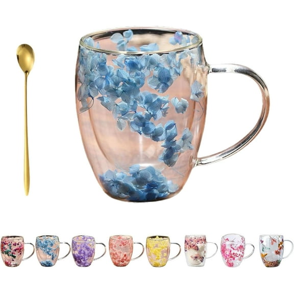 Double Glass Flower Tea Cup, Handcrafted, Elegant & Gift-Worthy, Flower Double Wall Glass Coffee Mugs, Clear Insulated Coffee Mugs with Handle for or Hot Cold Beverages, Cappuccino, Latte(B-350ml)