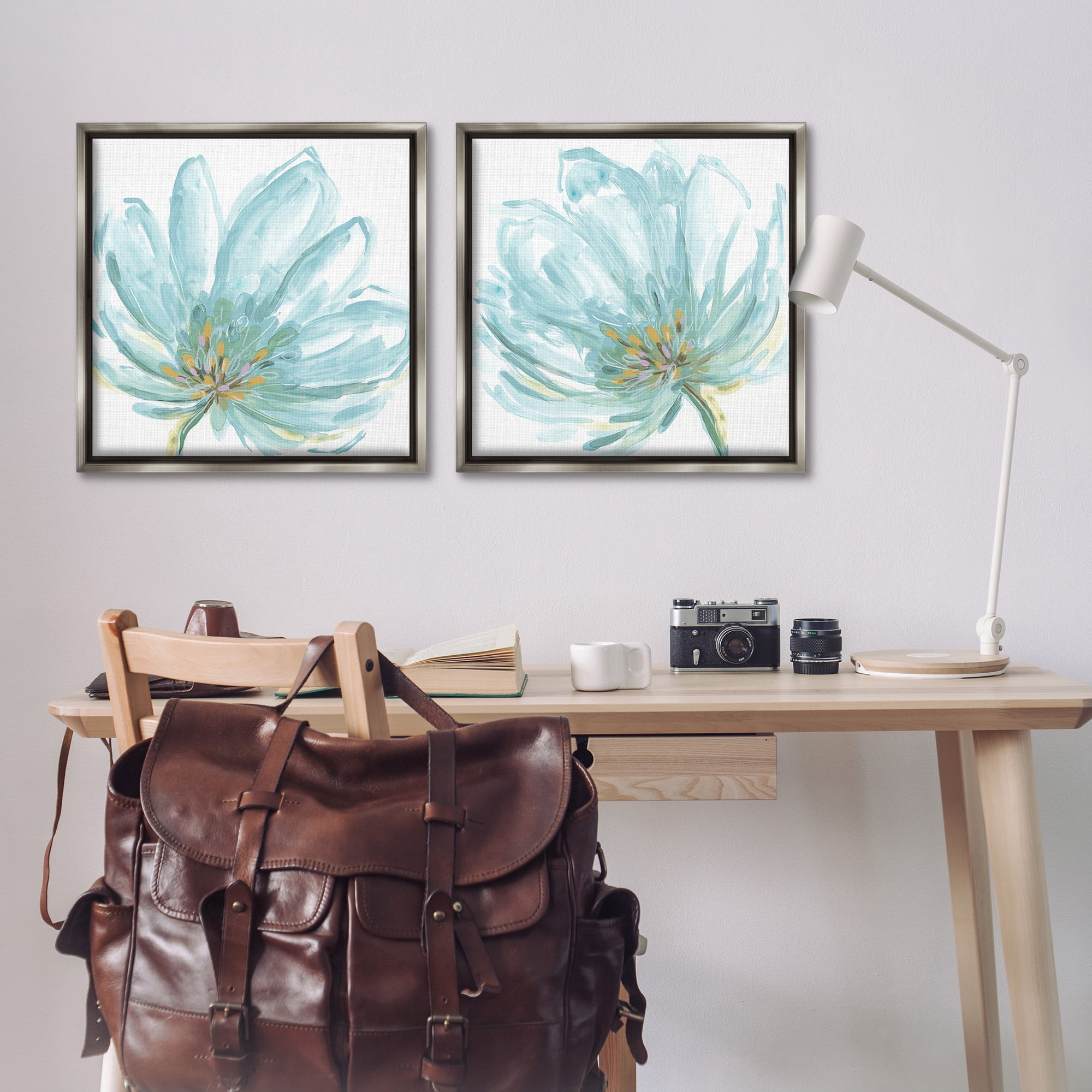 Stupell Industries Blue Blossoms on White Botanical & Floral Painting Gray Floater Framed Canvas Art Print Wall Art, 25 x 25, Set of 2