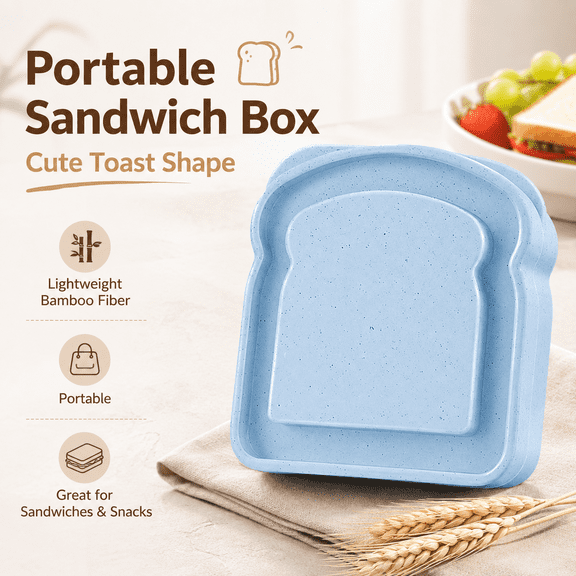 Portable Bamboo Fiber Sandwich Container, 2.1 Quart Lunch Box with Secure Lid, Reusable Meal Storage for Toast, Rice, Snacks, Travel, Work, Picnic, Camping and Kitchen, Blue