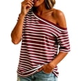 thumbnail image 2 of TGSLY Off The Shoulder Striped Tops for Women Lightweight Soft Short Sleeve Y2k Trendy Tees Relaxed Fit Dressy Casual Baggy Tshirts S, 2 of 9
