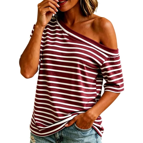 DeHolifer Women's T-Shirts Casual Off-shoulder Striped Printed Short Sleeve Turtleneck Tops Wine 2XL