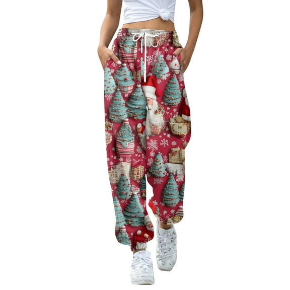 Women's Casual Fashion Christmas Print Sweatpants with Drawstring Waistband and Cuffed Legs, Comfortable Long Pants for Sports and Home Wear, Elastic Waist for Easy Fit,Watermelon Red,XL
