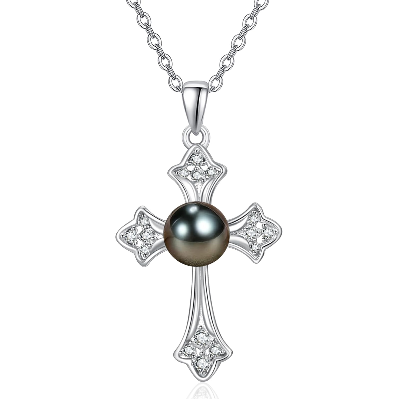 TANGPOET Tahitian Black Pearl Cross Valentines Necklace For Women,S925 Silver Pendant With Saltwater Pearl, Anniversary Birthday Gifts for Her Wife Mom Daughter Friend Grandma