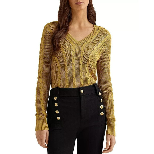 Lauren Ralph Lauren Metallic Cable Knit Sweater Size S Gold MSRP $110 -  
